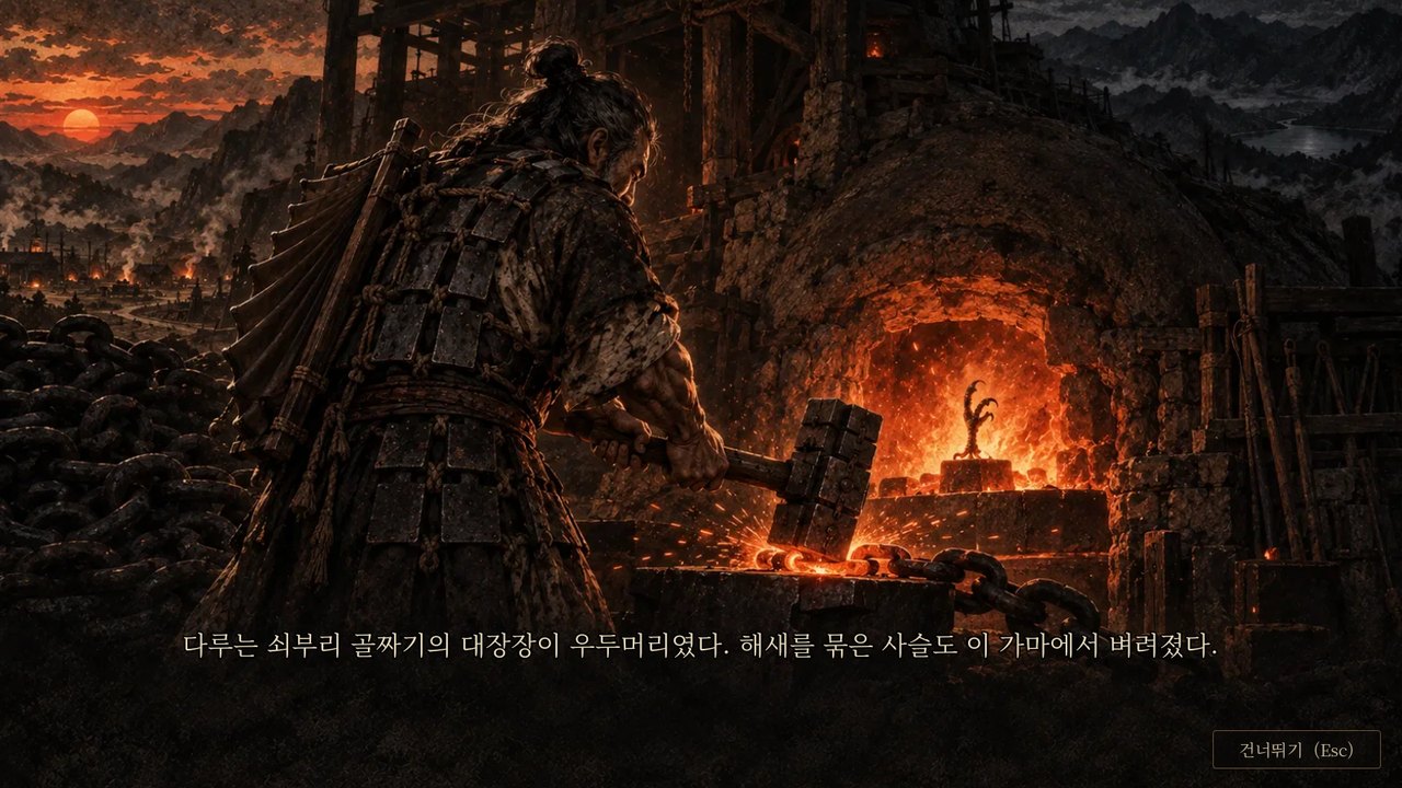 불타는 가마 앞에서 망치를 든 다루의 그림, 아래 자막 '다루는 쇠부리 골짜기의 대장장이 우두머리였다'