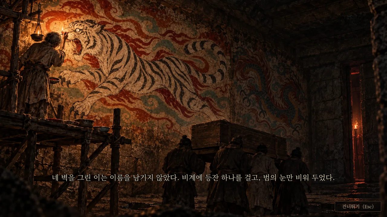 벽에 범을 그리는 화공의 그림, 아래 자막