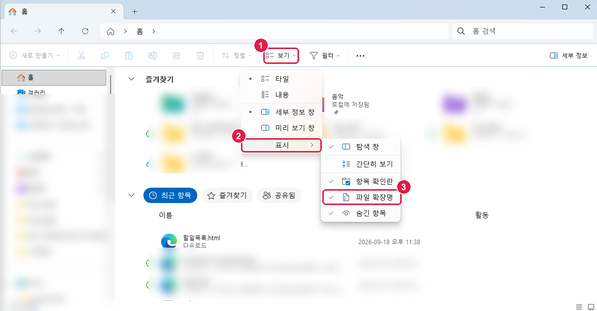 파일 탐색기 보기 메뉴 › 표시 › 파일 확장명에 체크가 된 모습