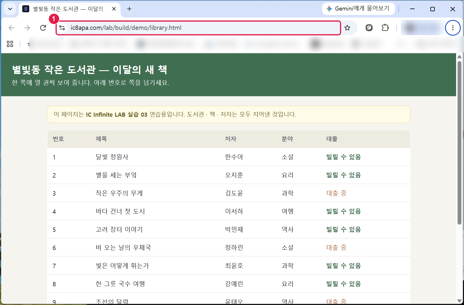 Chrome 으로 연 연습 페이지. 주소창에 ic8apa.com/lab/build/demo/library.html, 초록 머리에 별빛동 작은 도서관, 아래에 번호 제목 저자 분야 대출 칸의 표
